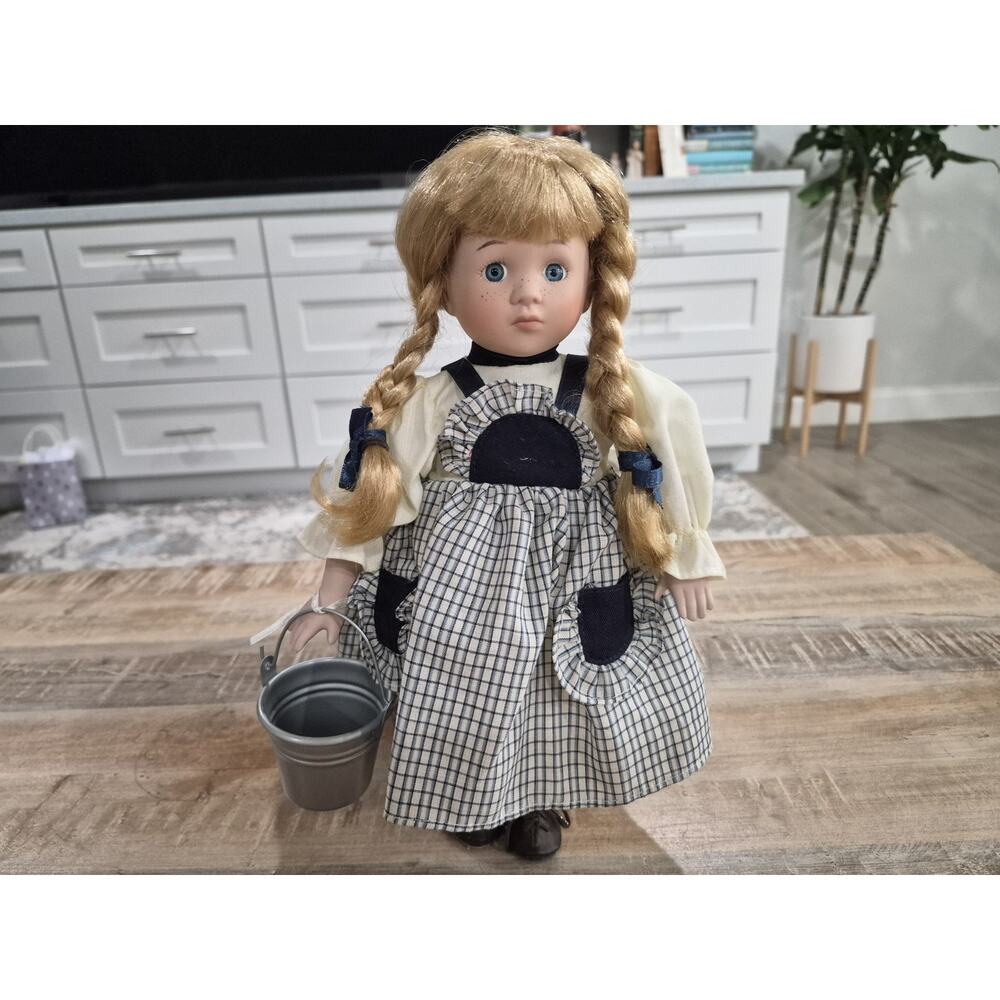 Vintage 12” Porcelain Collectible Doll | Blonde Braids Blue Eyes Gingham Dress